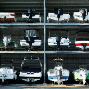 Boats stacked in a storage facility